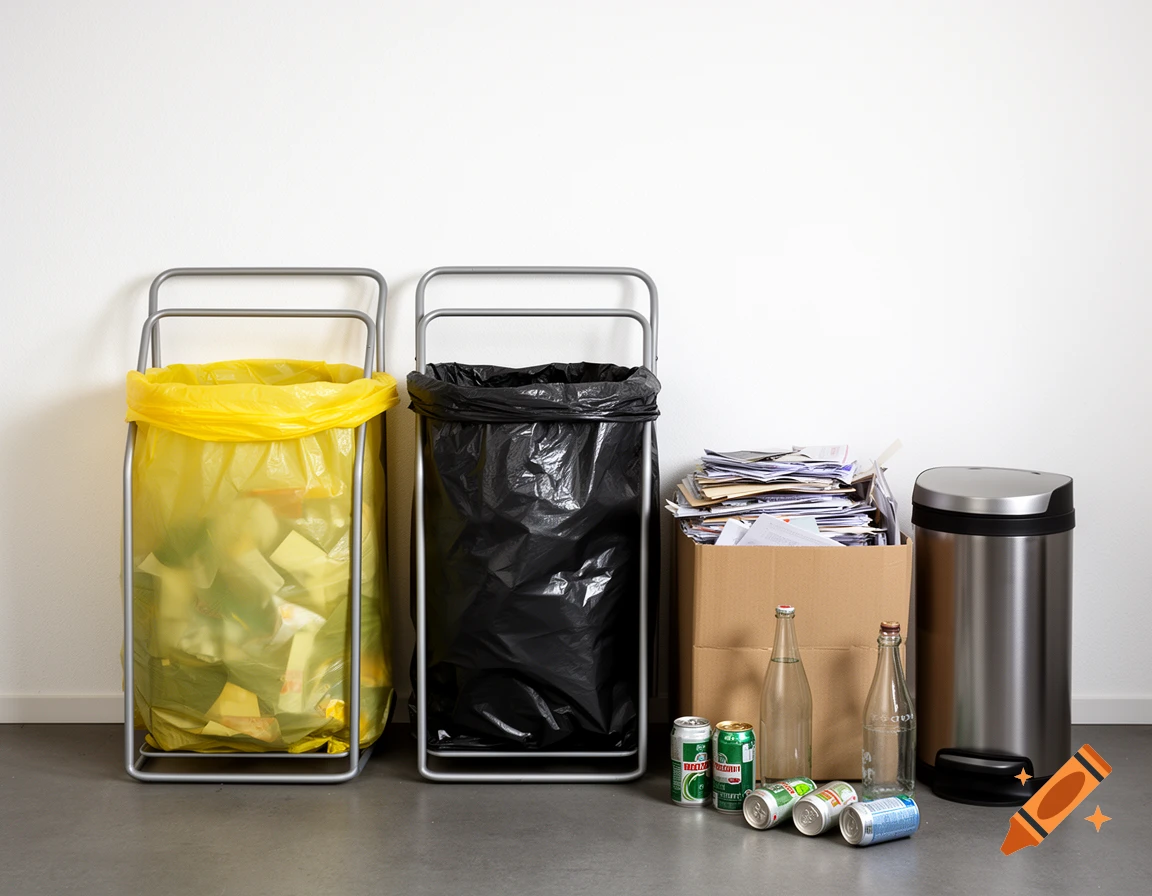 Photorealistic image of various trash bins, recycling bags, cardboard boxes with paper, glass bottles, and beverage cans against a white wall.
