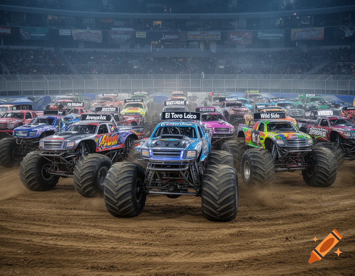 An arena filled with multiple monster trucks lined up on dirt, including El Toro Loco and Wild Side.