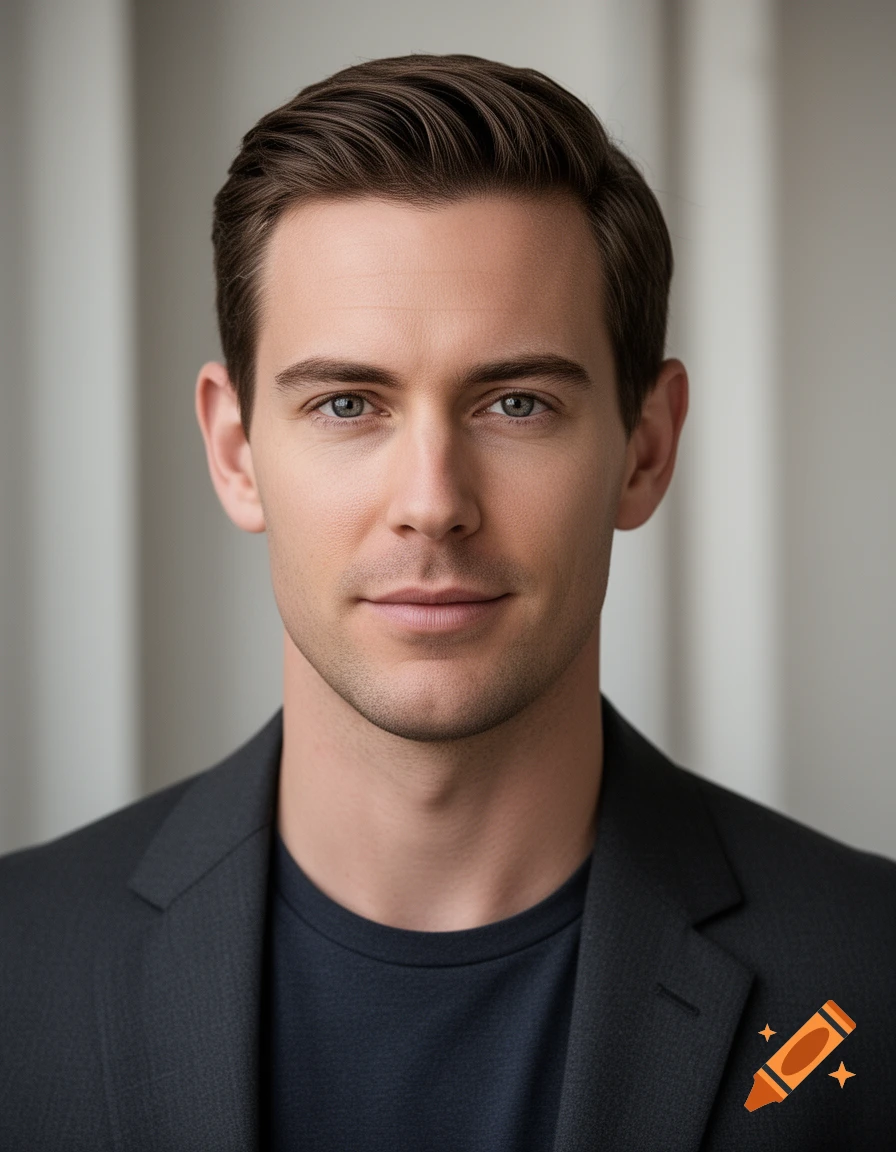 Photorealistic headshot portrait of a man in a dark suit against a neutral background.