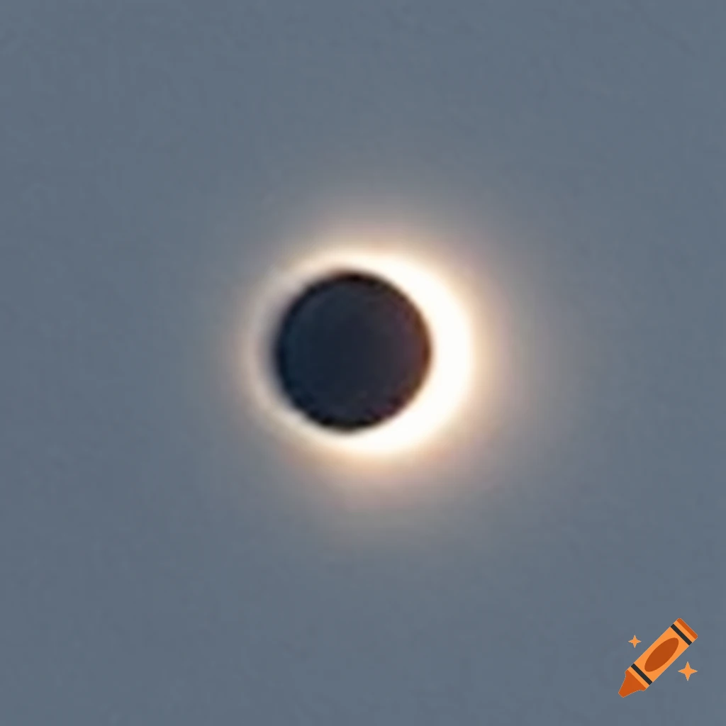 A low-resolution, blurry photo of a solar eclipse with a bright ring of light around a dark moon against a grey sky.