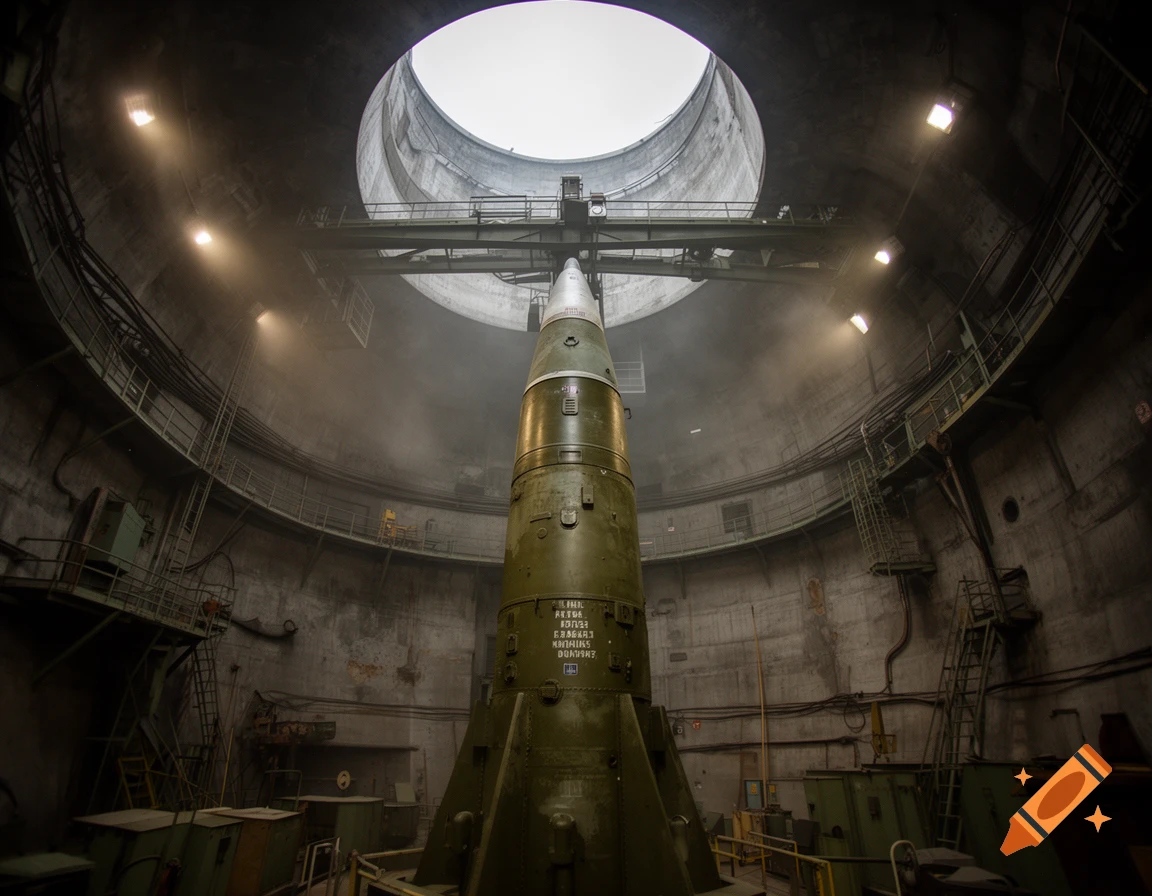 A large soviet missile inside a dark, cavernous silo with a circular opening at the top, photorealistic style.