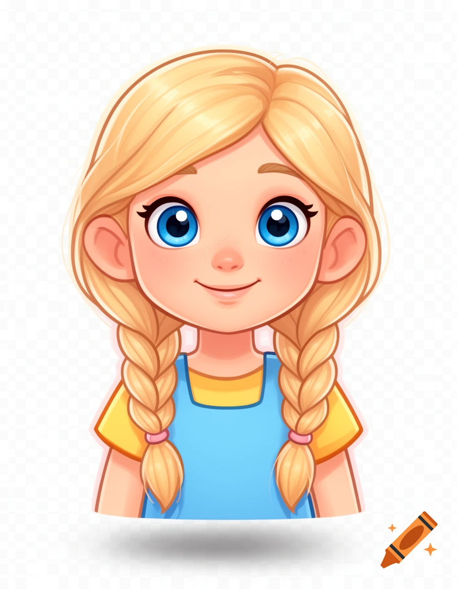 Digital cartoon portrait of a young blonde girl with blue eyes and braided hair wearing a blue and yellow dress.