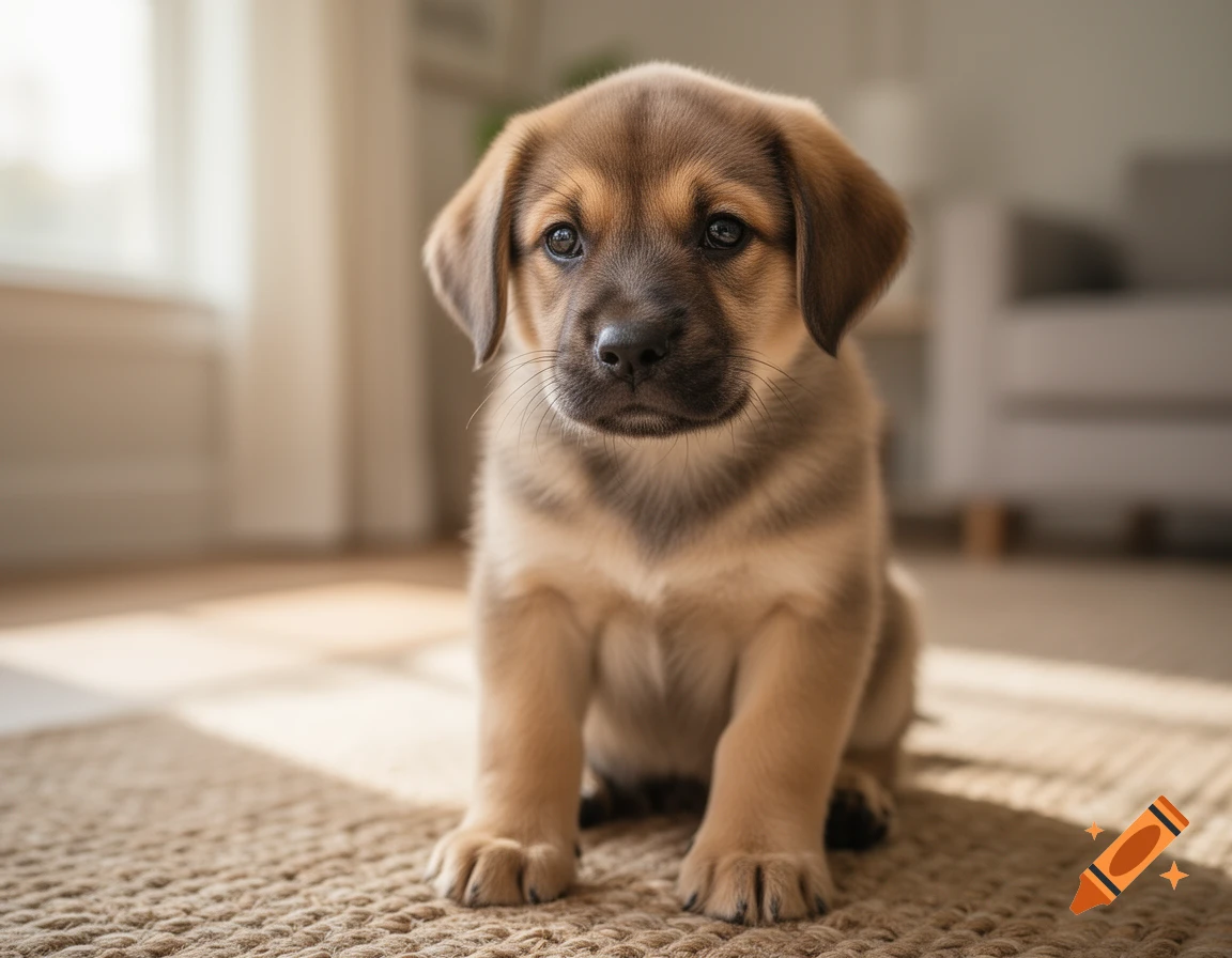 Photorealistic close-up of a cute brown and tan puppy sitting on a rug indoors.