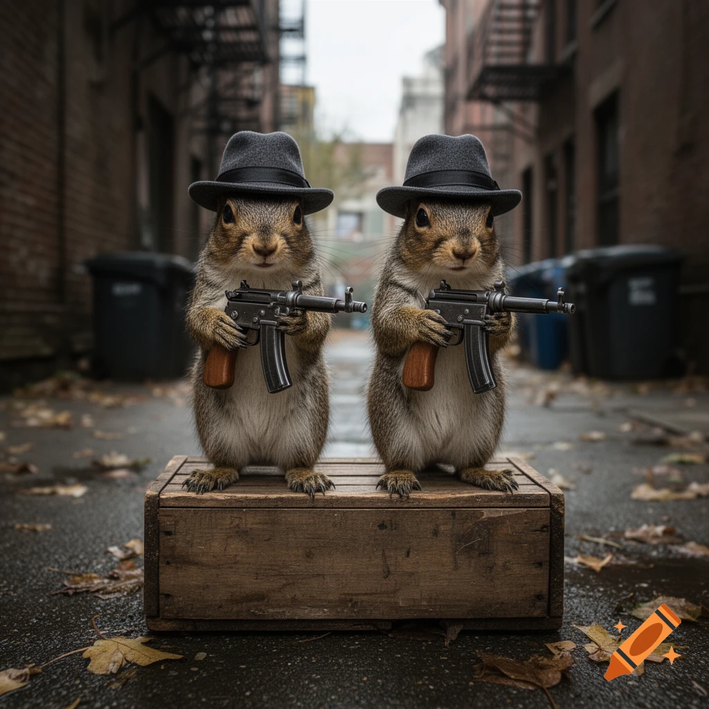 Two photorealistic squirrels wearing fedoras and holding tommy guns, standing on a wooden crate in a city alleyway.