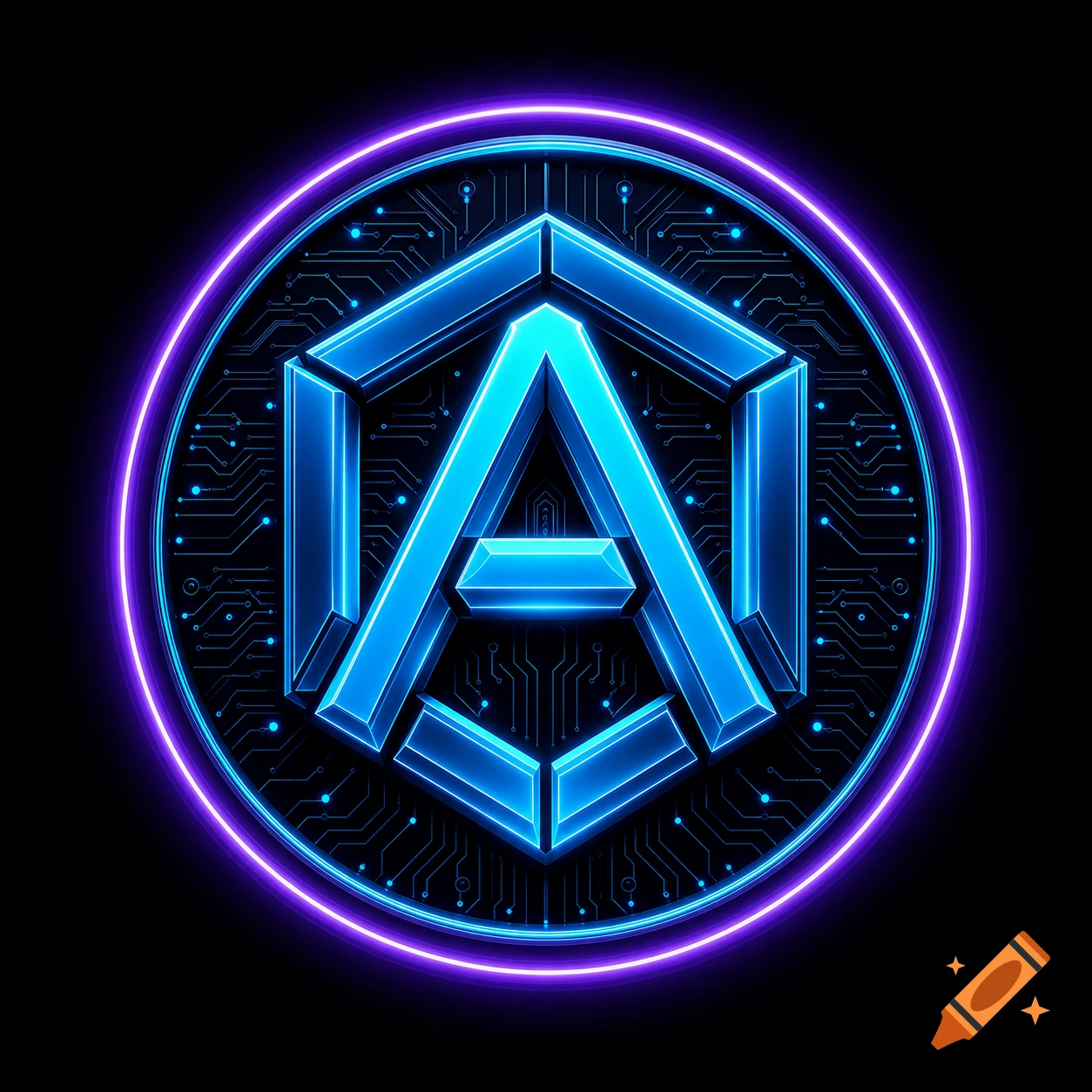Neon blue 3D letter A inside a technological glowing circular logo on a black background