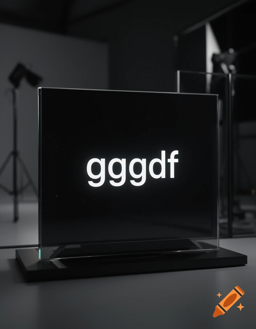 Photorealistic image of a glowing glass display box showing the word gggdf in a dark studio setting.