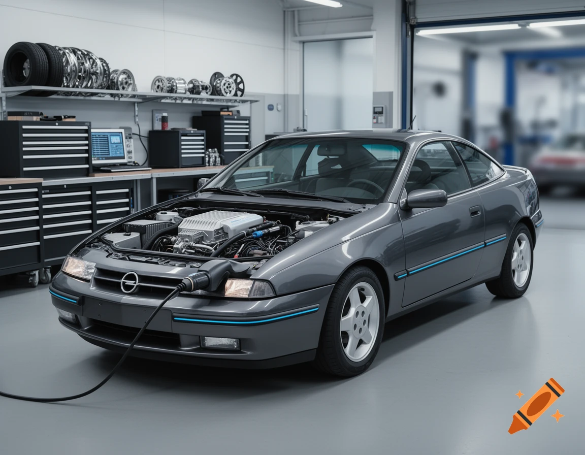 Photorealistic image of a grey Opel Calibra coupe parked inside a brightly lit modern garage with its hood open and engine visible.