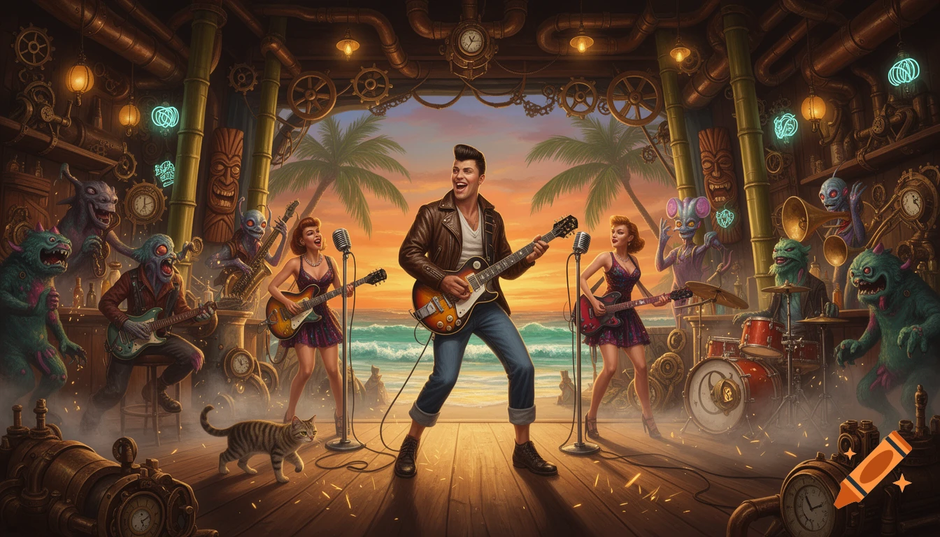 A rockabilly man singing and playing guitar on a beach stage with women, aliens, monsters, and a cat, in a steampunk tiki bar setting.