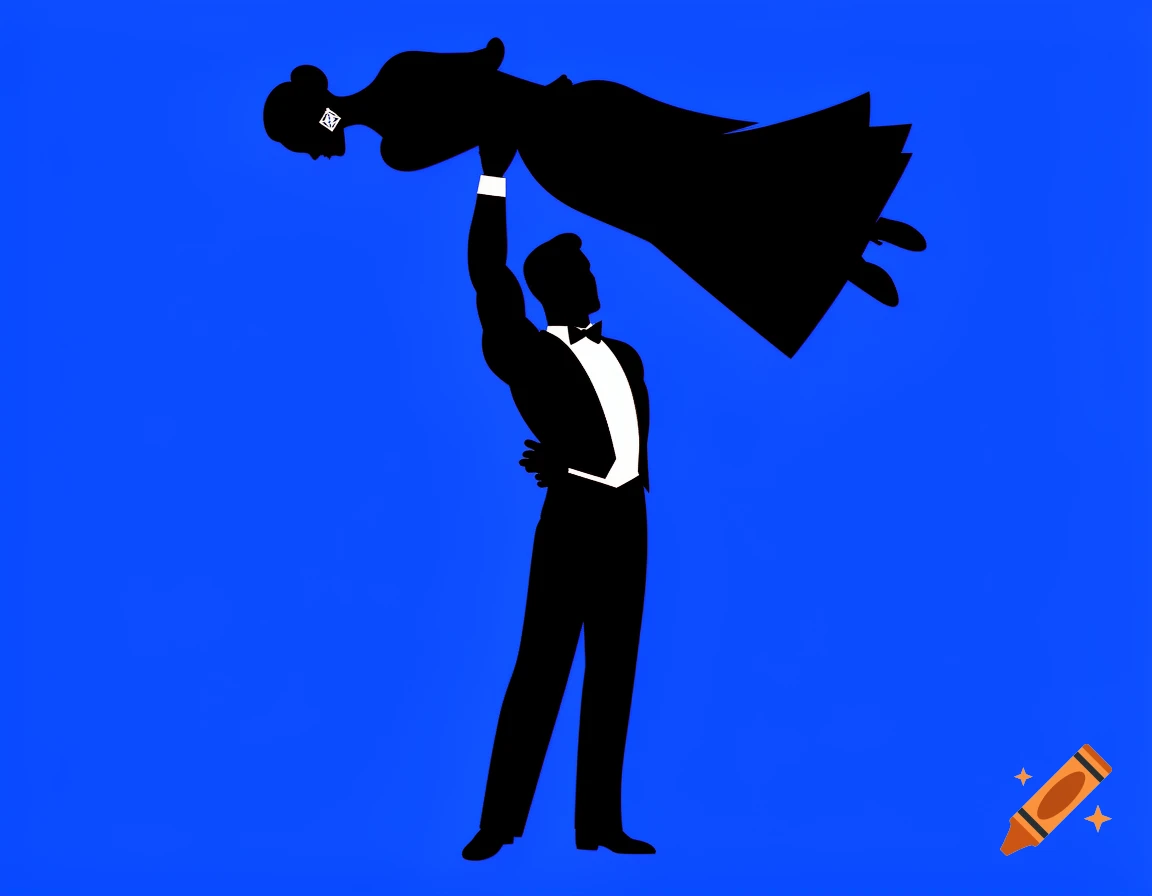 A minimalist graphic vector silhouette of a man in a tuxedo lifting a woman in a ballroom dress overhead, on a royal blue background.