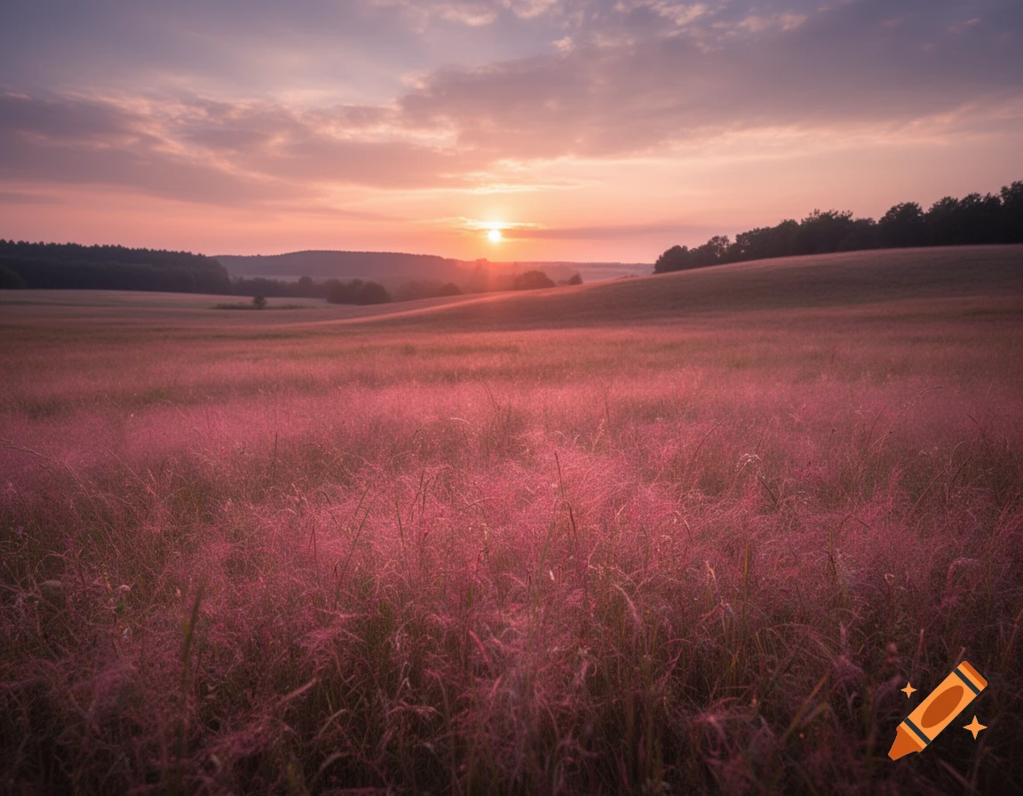 A photorealistic landscape of rolling hills covered in pink grass under a vibrant sunset sky.