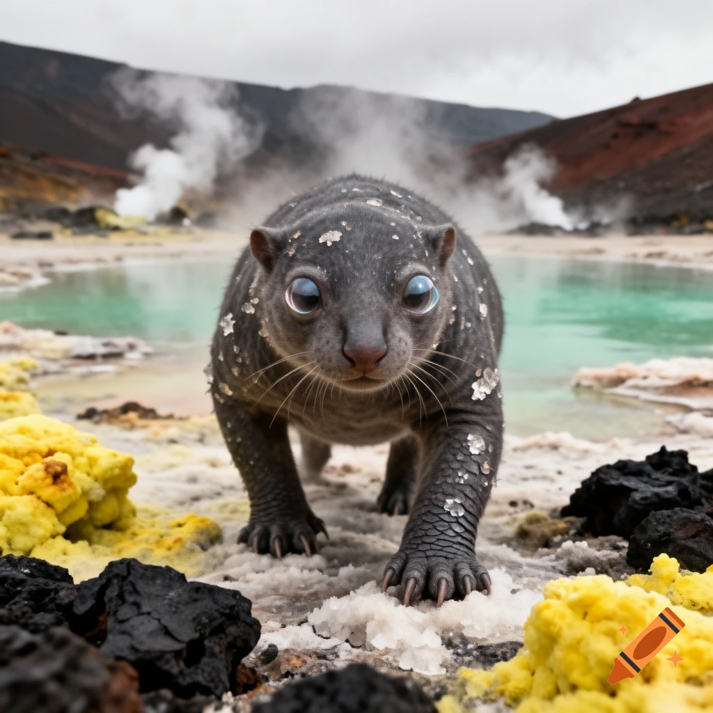 Photorealistic image of a unique small dark grey creature with large blue eyes and webbed paws walking on volcanic terrain with steaming hot springs.