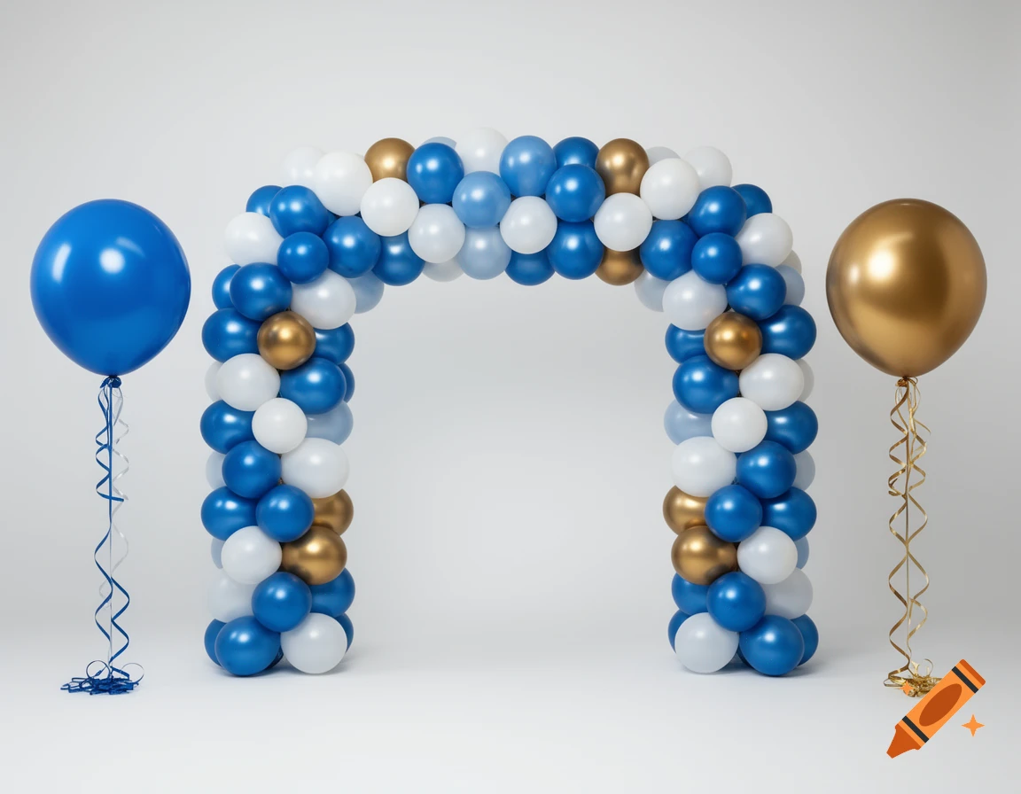 An arch made of blue, white, and gold balloons, flanked by a blue balloon on the left and a gold balloon on the right, against a neutral background.