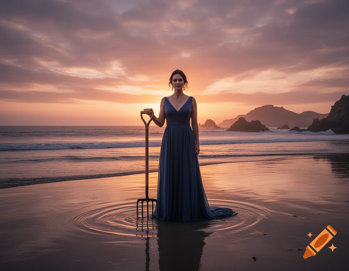 A woman in a blue evening gown standing in the ocean surf at sunset holding a garden fork, photorealistic.