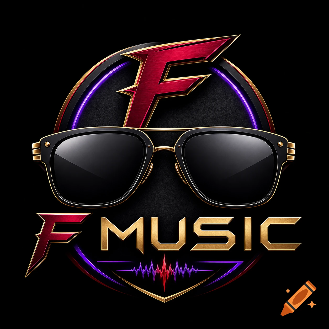 A stylized music logo featuring dark sunglasses, the letter F, and the word MUSIC in gold lettering against a black background.