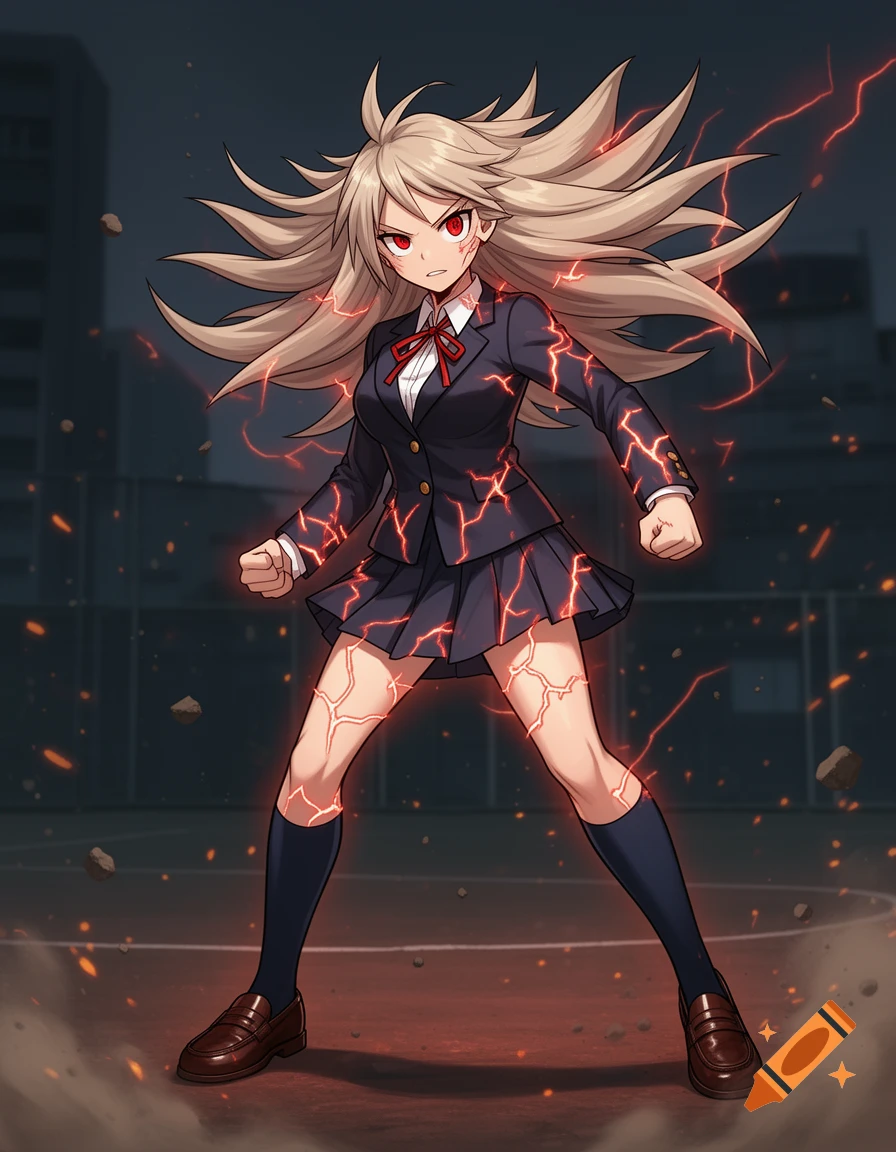 Anime style illustration of a female student with spiky ash-blonde hair, red eyes, and glowing red cracks on her body, standing in a courtyard.