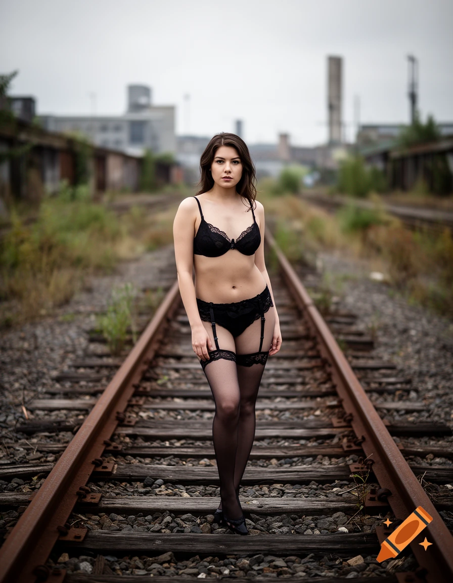 A woman standing on railway tracks wearing black lingerie, stockings, and a garter belt, in a photorealistic style.