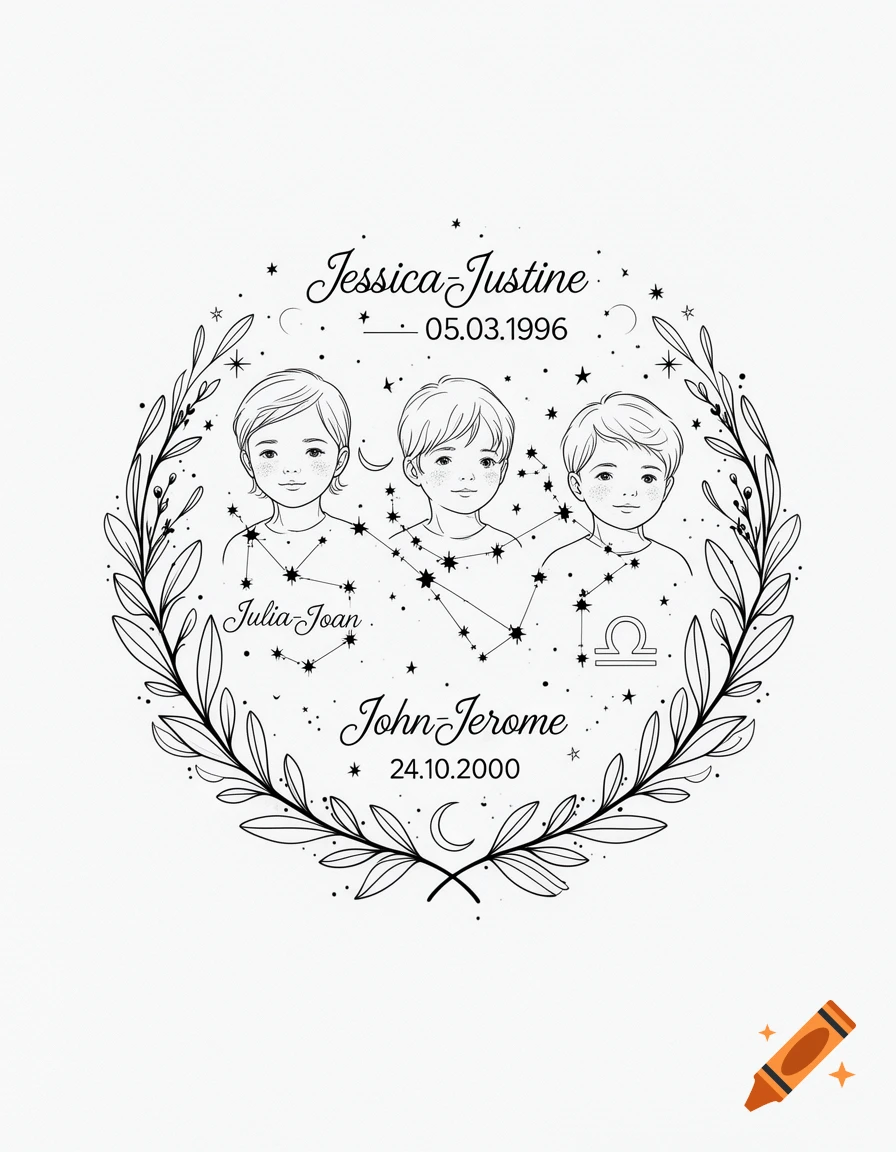 Fine-line tattoo design in a circular wreath featuring three children surrounded by stars, constellations, and dates.