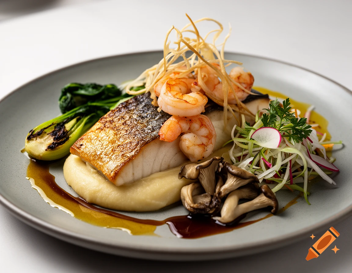 Photorealistic close-up of a gourmet fish fillet with seared shrimp, parsnip puree, bok choy, and mushrooms on a grey plate.