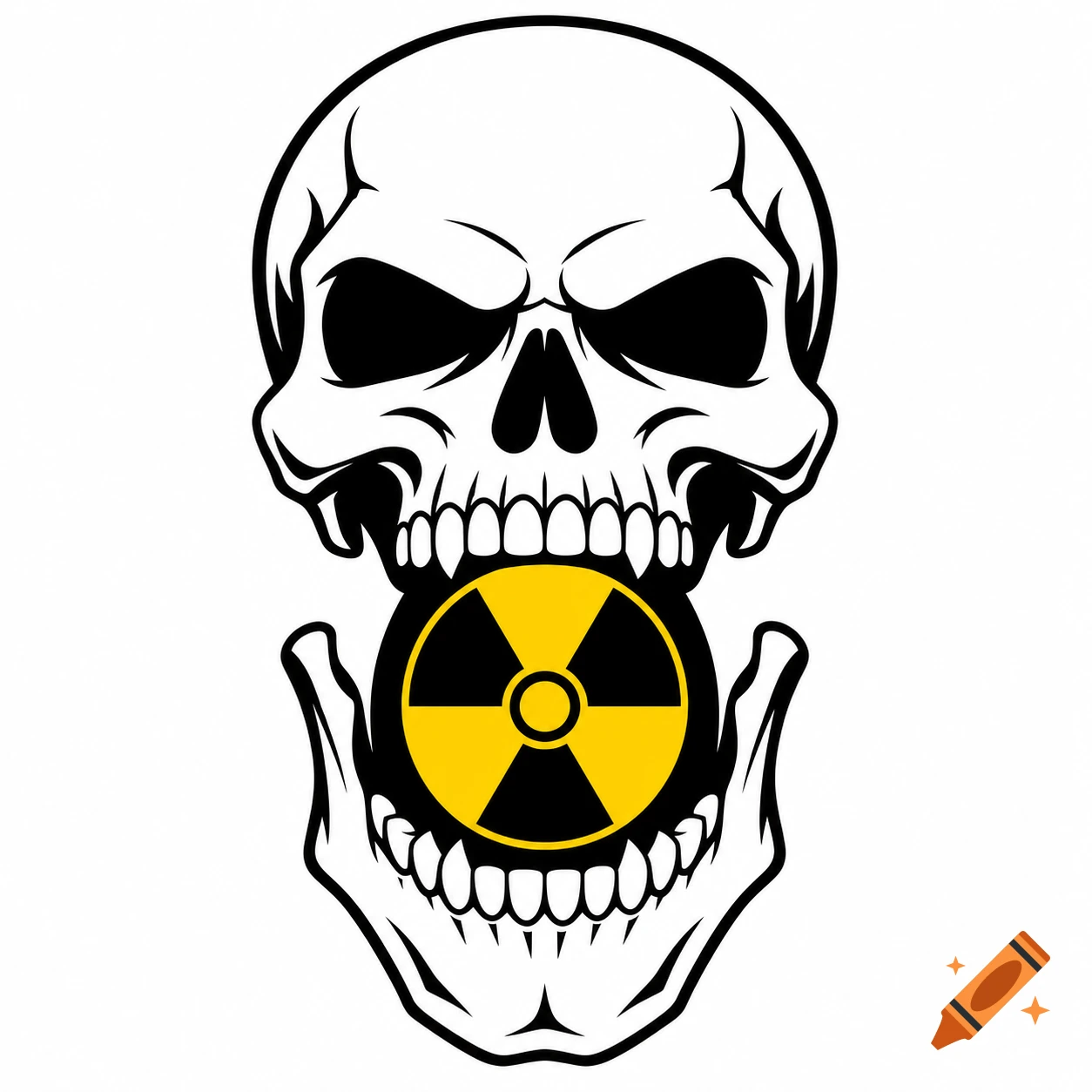 A stylized black and white vector logo of a skull with separated jaws biting a black and yellow radiation symbol.
