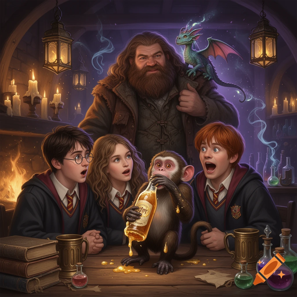 Digital illustration of Harry Potter, Hermione Granger, and Ron Weasley sitting at a tavern table with Hagrid, a baby dragon, and a monkey drinking butterbeer.