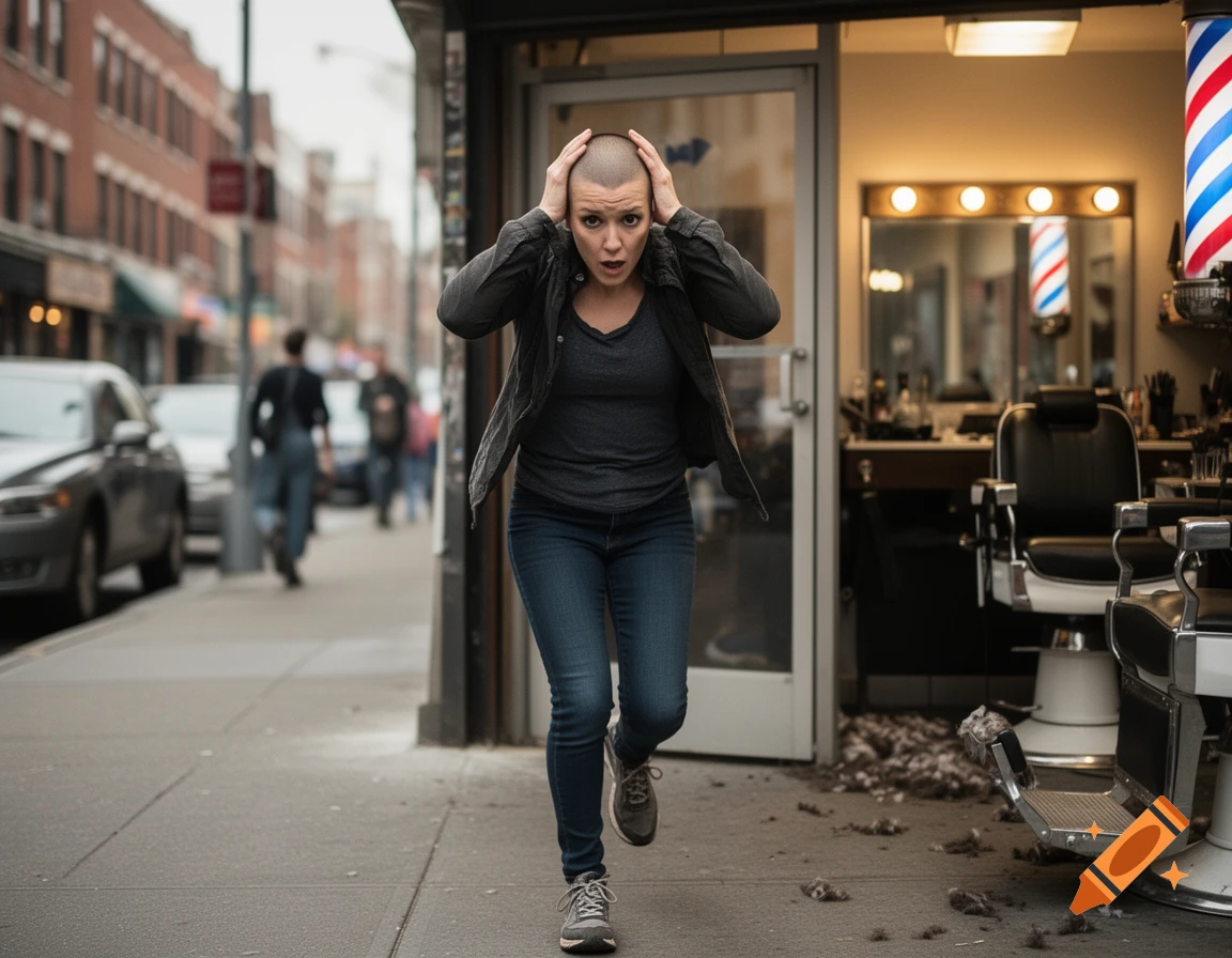 Photorealistic image of a woman with a buzzed head clutching it in shock while fleeing a barber shop.