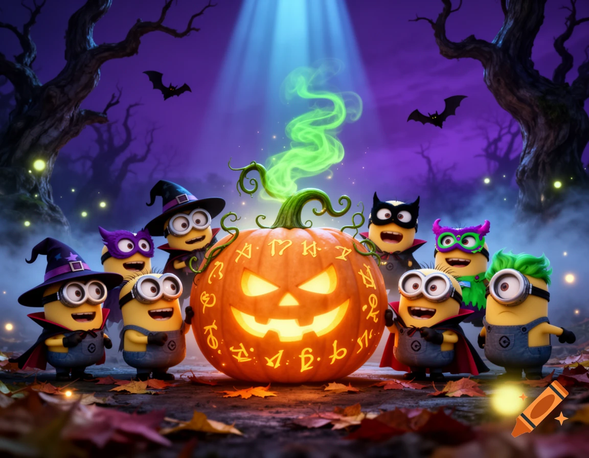 3D digital illustration of multiple minions in Halloween costumes surrounding a glowing carved pumpkin in a spooky forest at night.