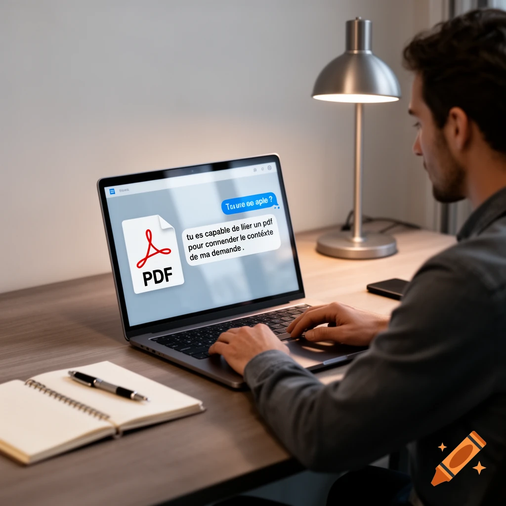 A man working on a laptop at a desk with a lamp and a notebook, displaying a PDF icon and chat bubbles on screen.