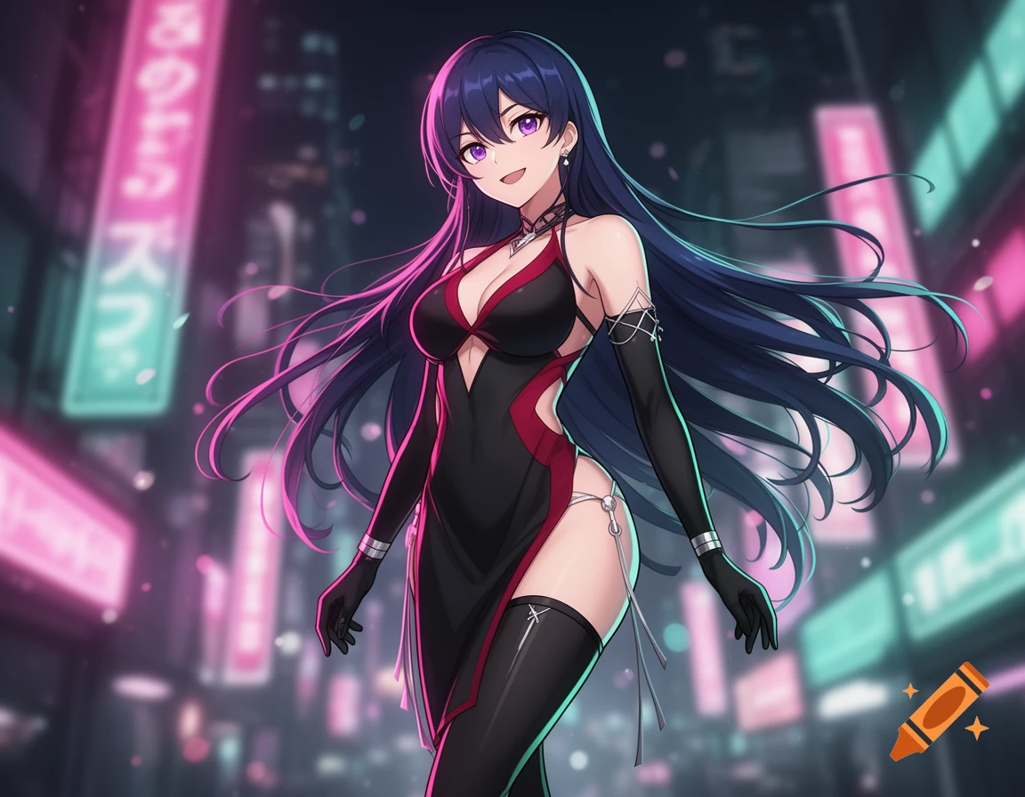 Anime-style illustration of a woman with long dark blue hair and purple eyes, wearing a black and red dress, walking down a neon-lit city street at night.