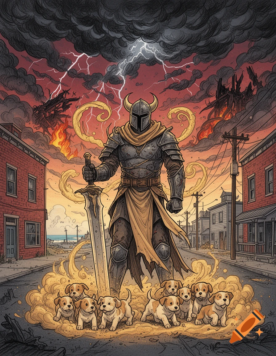 Comic book style illustration of a warrior in horned helmet holding a sword amidst stormy weather, surrounded by puppies.