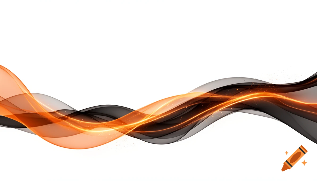 Abstract wavy lines in orange and black flowing horizontally across a white background.