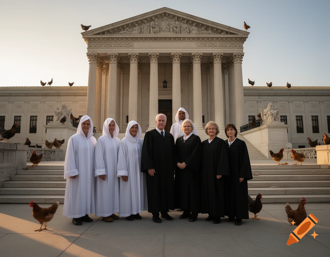Photorealistic image of people in white and black robes standing on steps in front of the Supreme Court with chickens roosting around them.