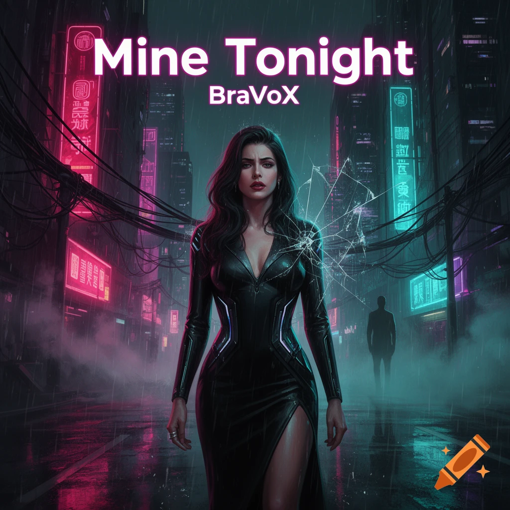 Cyberpunk album cover featuring a woman in a black dress standing in a neon-lit rainy city street.