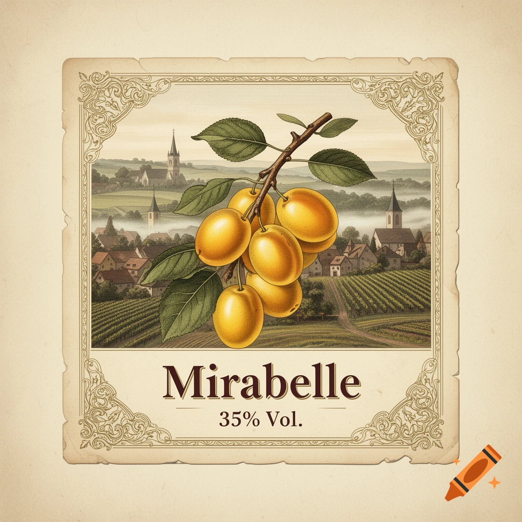 Vintage botanical bottle label illustration featuring yellow mirabelle plums on a branch over a landscape with a village and church.