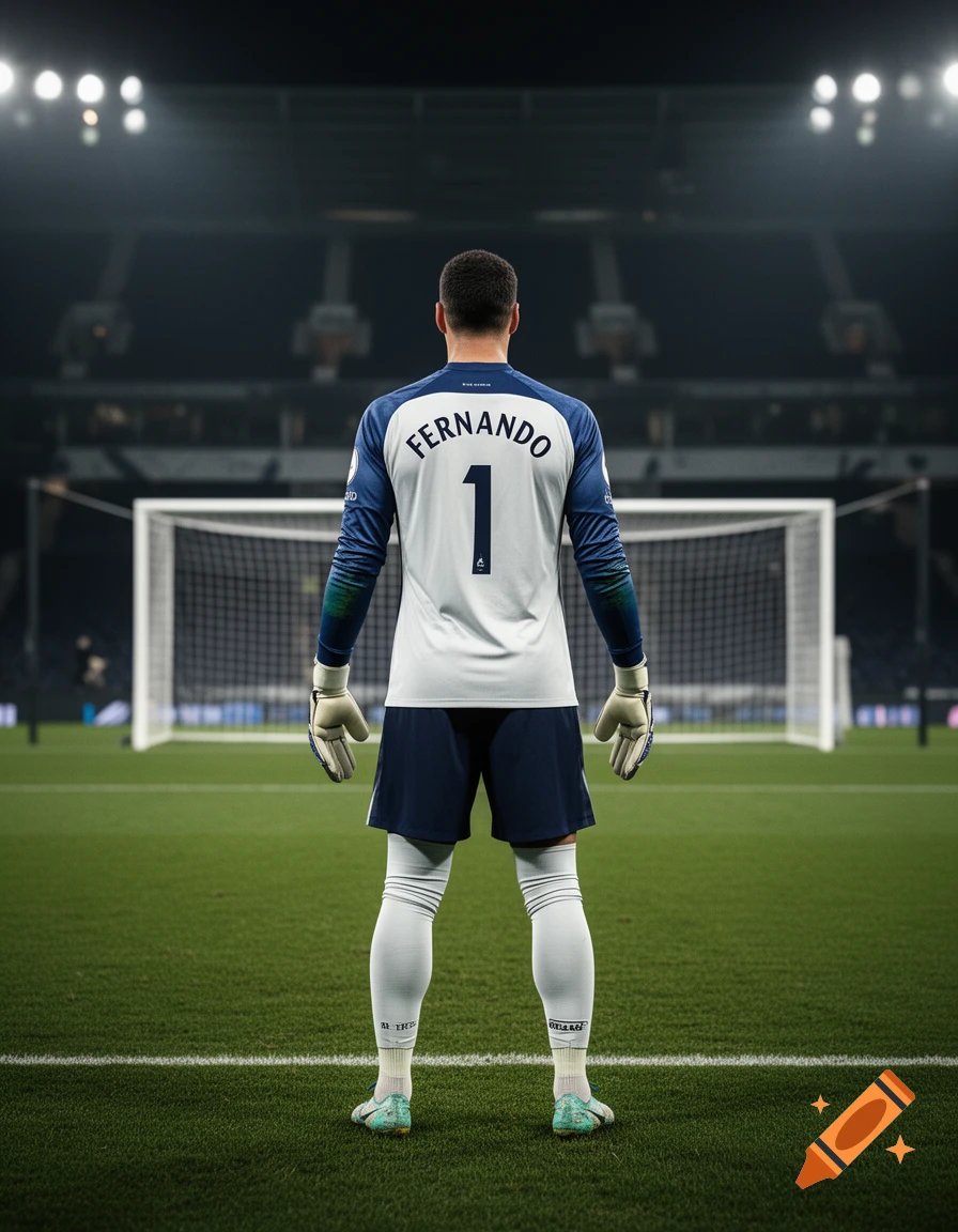 Rear view of a goalkeeper in a white and blue Tottenham jersey with the name FERNANDO and number 1, standing on a football pitch inside a stadium.