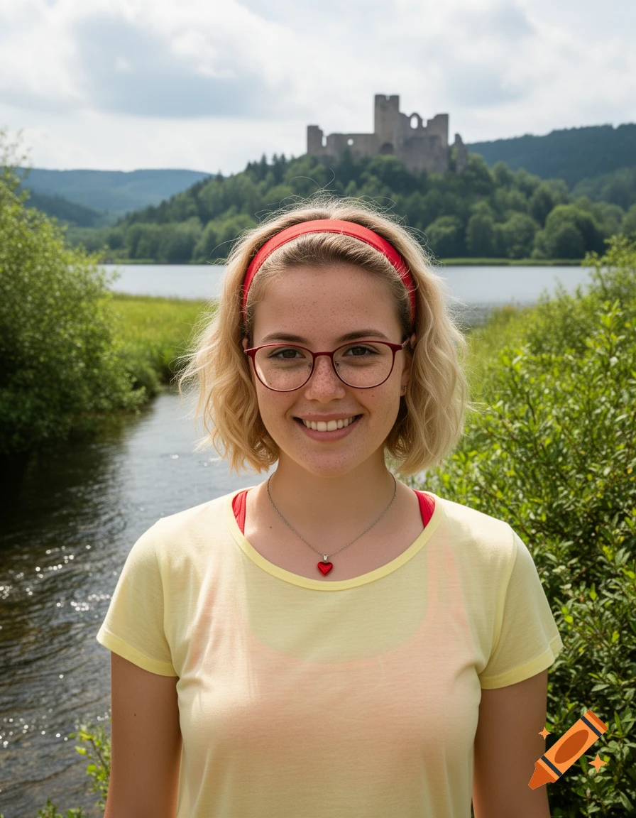 Photorealistic portrait of a young woman with blonde hair, red headband, and glasses, standing by a stream with a castle and lake in the background.