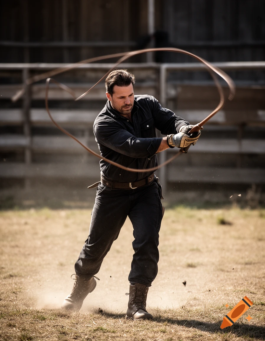 Photorealistic action shot of a man cracking a whip in a dusty outdoor paddock.