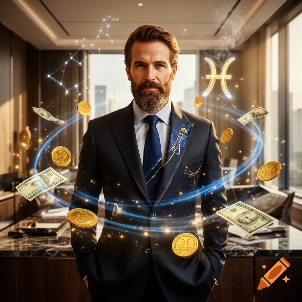 A handsome man in a dark suit surrounded by floating gold coins and dollar bills in a modern office.