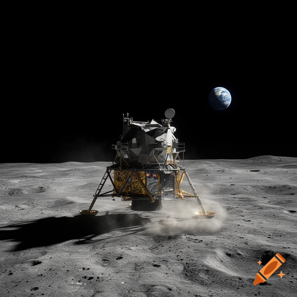 Photorealistic image of a lunar lander on the moon's surface with Earth visible in the black sky.