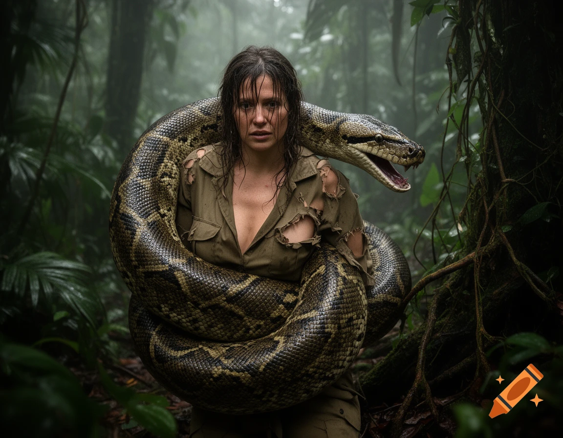 Photorealistic image of a woman wrapped in a large snake in a dense jungle.