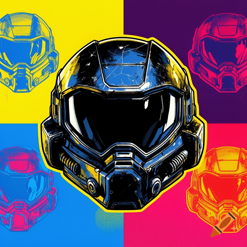 Andy Warhol style pop art featuring a central Helldiver helmet surrounded by four colored variations in yellow, purple, red, and blue.