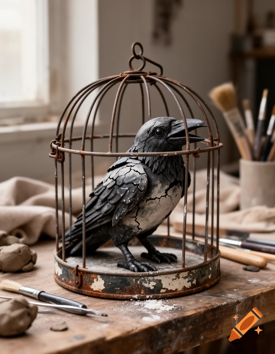 Photorealistic ceramic sculpture of a black cracked raven inside a rusty wire birdcage on a wooden workbench.