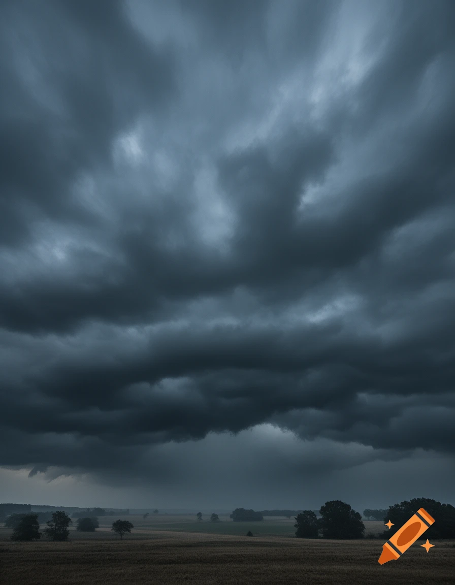 Photorealistic image of dark, ominous storm clouds looming over a flat rural landscape with distant trees.