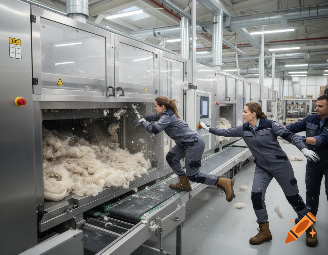 Photorealistic image of factory workers in grey uniforms interacting with a large automated textile processing machine.