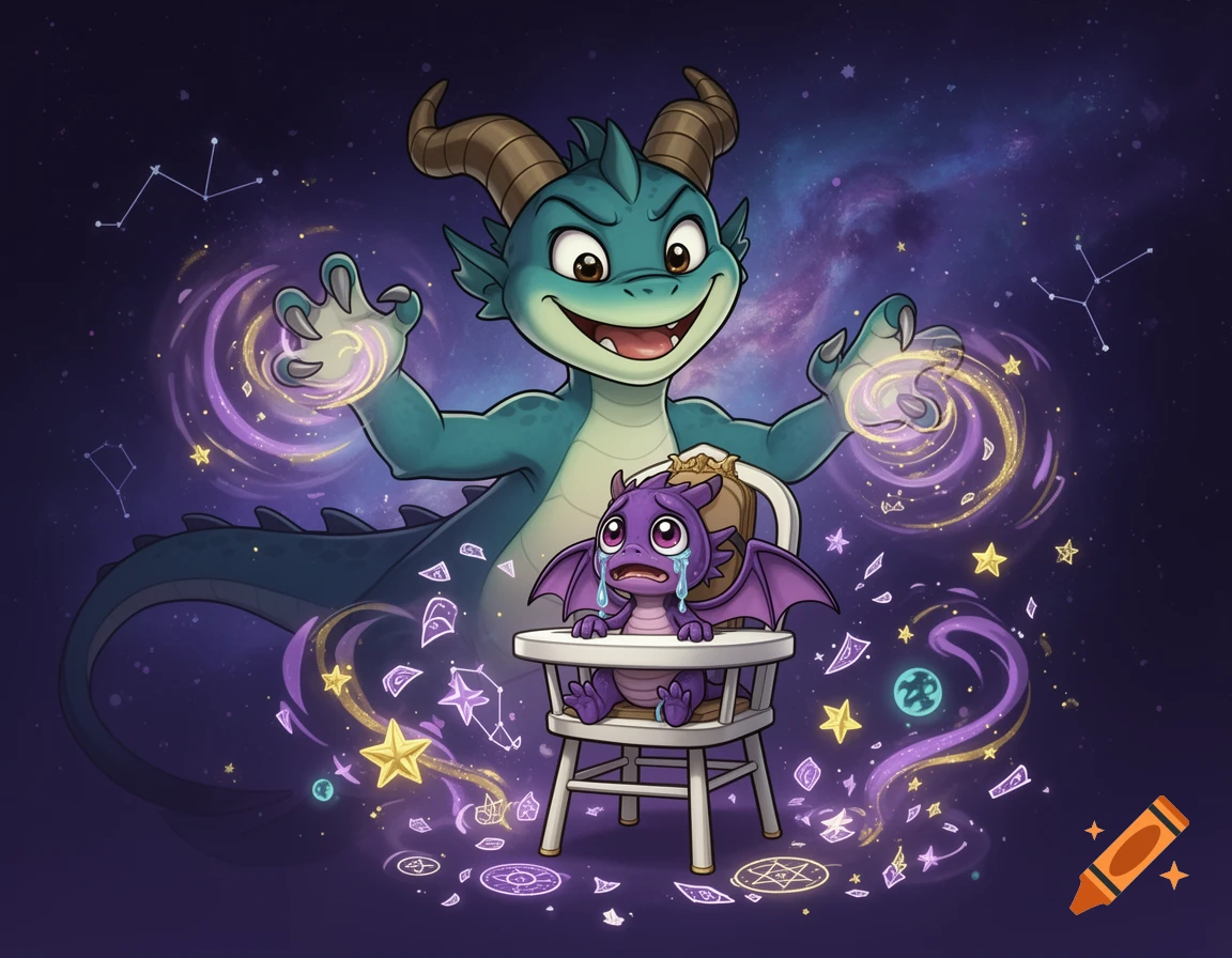 Cartoon illustration of a large teal mischievous dragon casting a magic spell over a small purple baby dragon crying in a highchair against a starry space background.