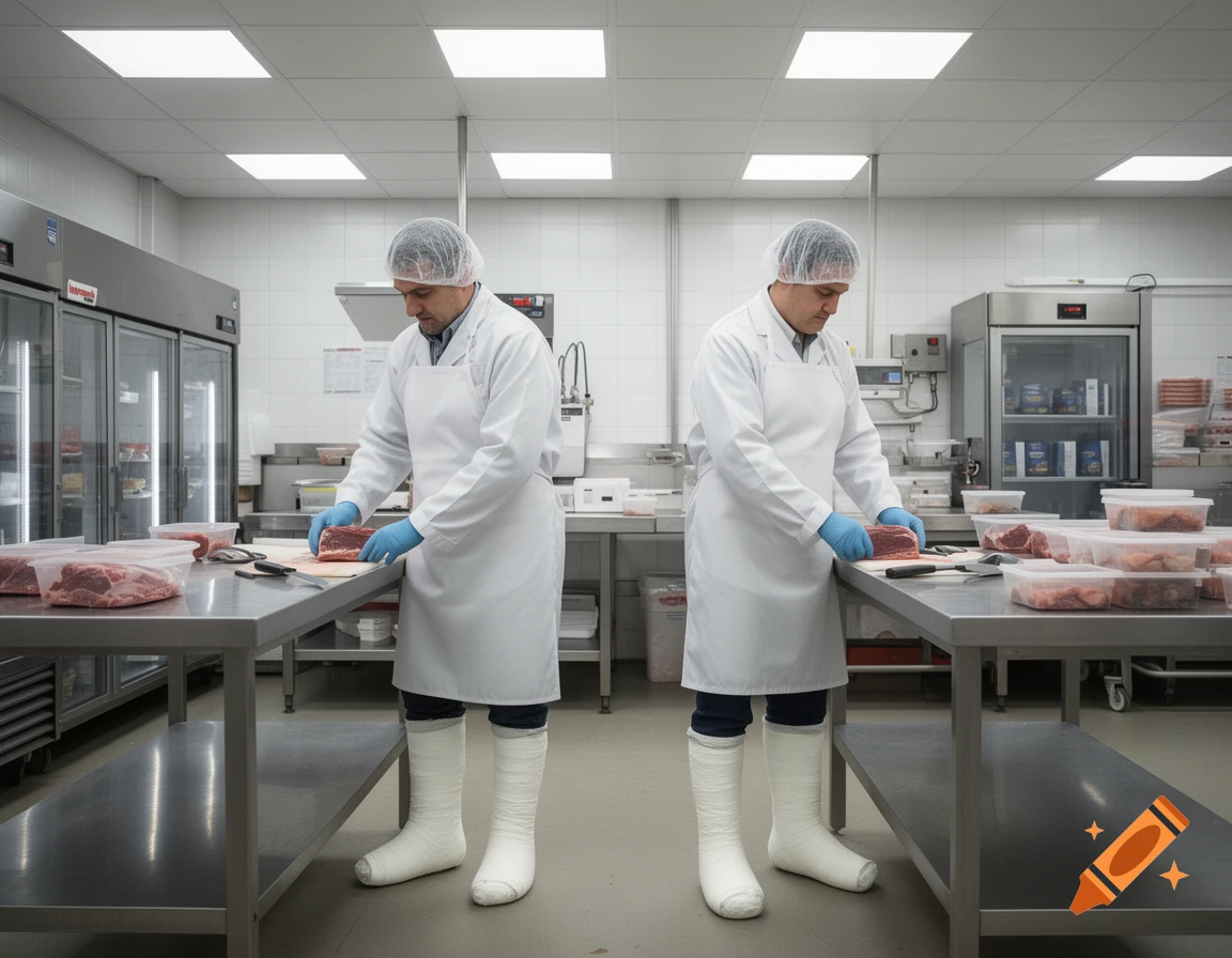 Two butchers in white coats and hairnets working at stainless steel tables in a brightly lit kitchen, both wearing casts on both legs.