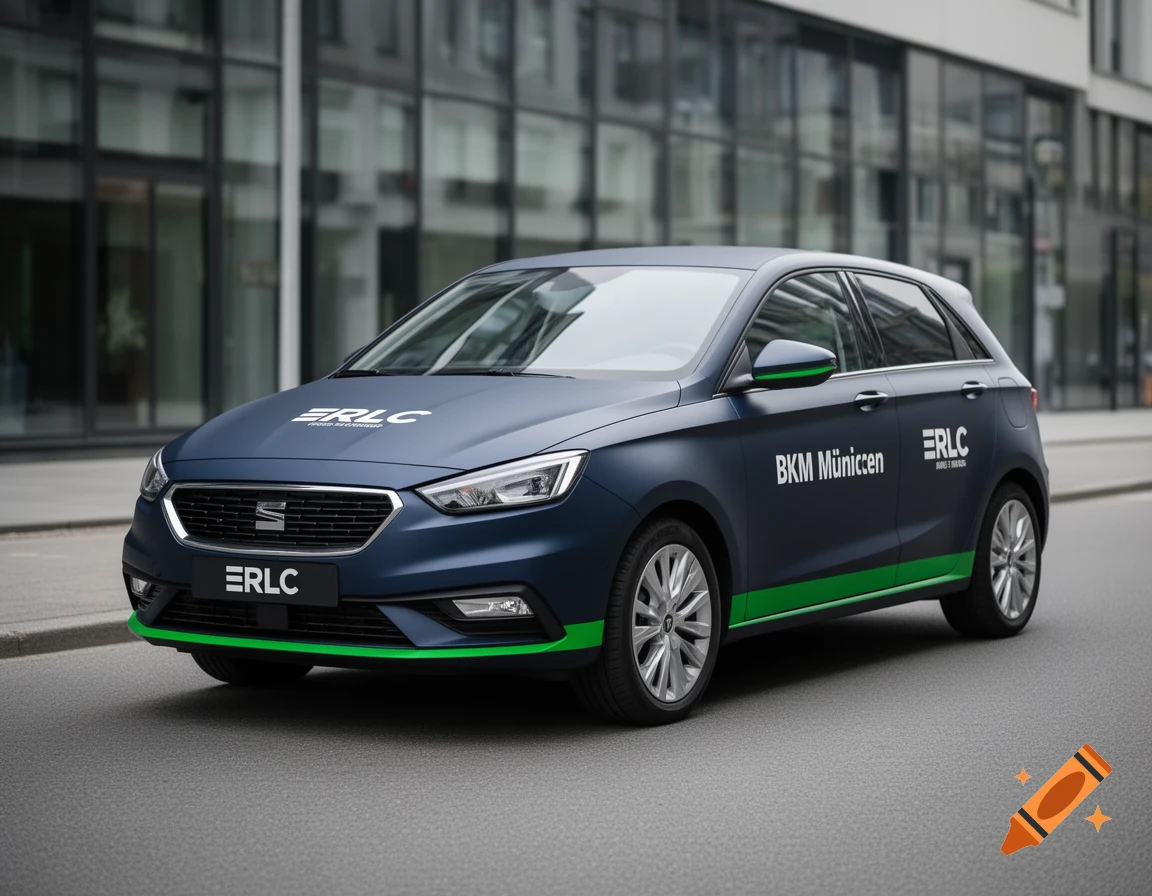Photorealistic dark blue car with green accents and misspelled ERLC livery parked on a city street.