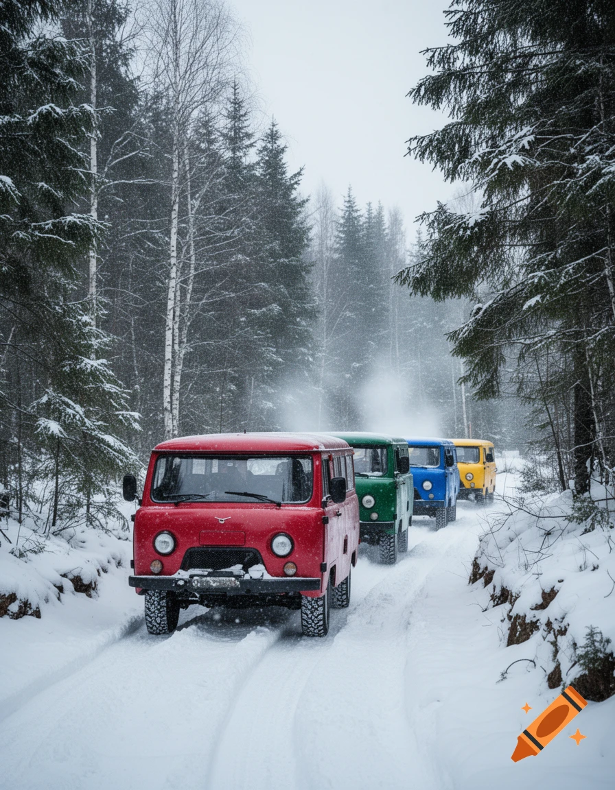 Photorealistic image of a red, green, blue, and yellow UAZ 452 convoy driving through a snowy forest road.