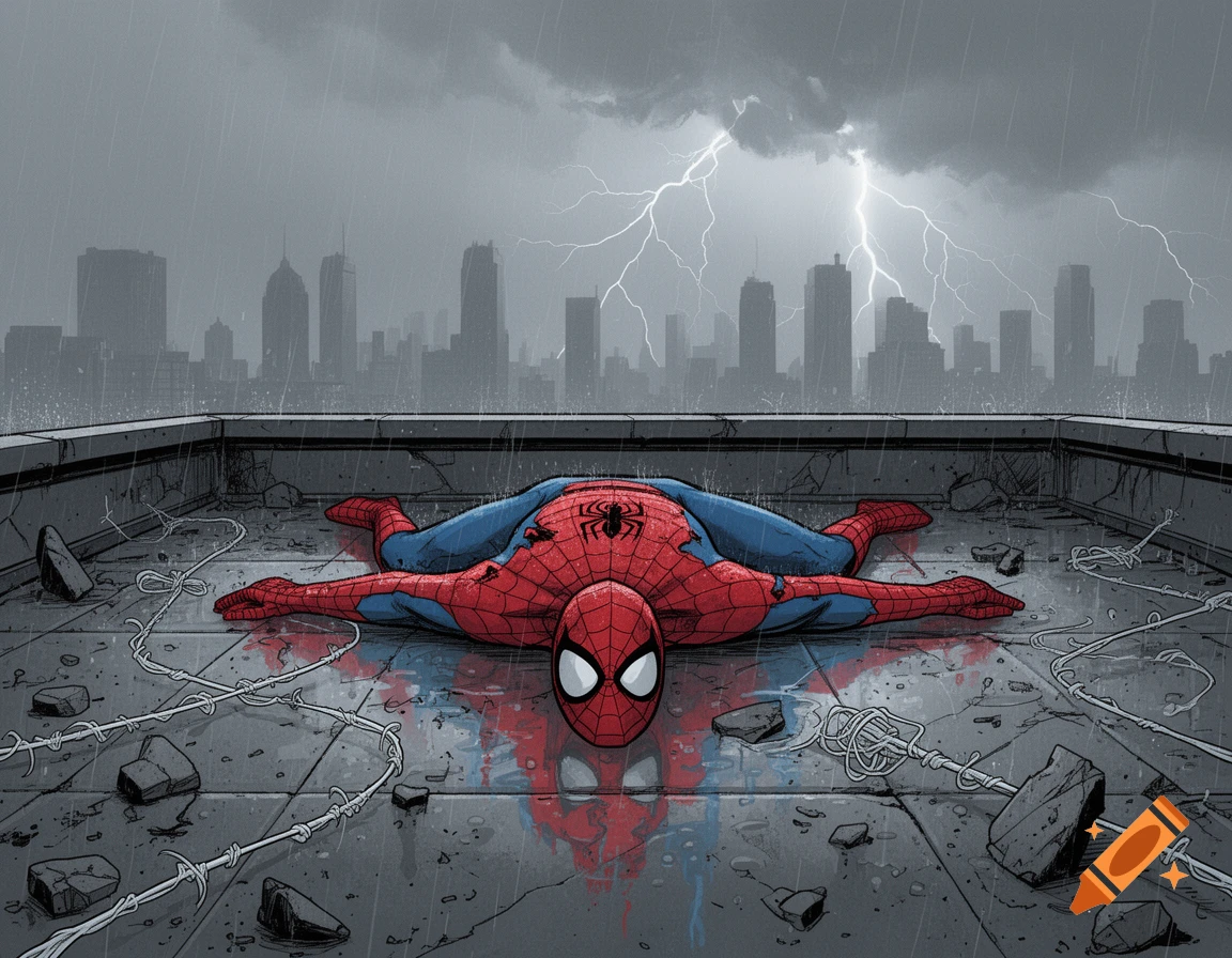 Comic book style illustration of Spider-Man lying face down on a rainy rooftop under a stormy sky with lightning.