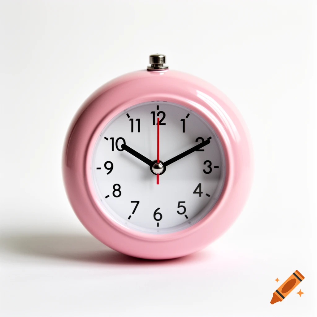 A pink analog alarm clock on a white background, showing incorrect numbers on the dial.