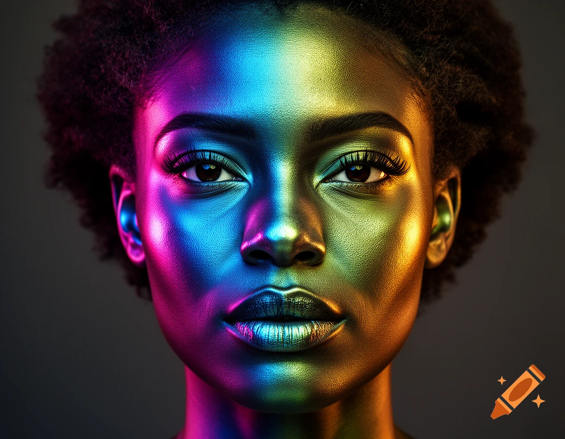 Close-up portrait of a Black woman with colorful chrome skin reflecting neon blue, purple, and gold light.